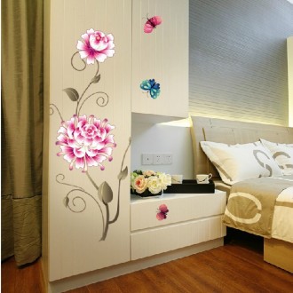 Butterflies Flying  around Large Pink Flower  Wall Sticker